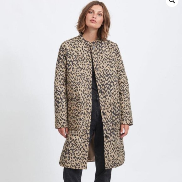 VILA NWT Quilted Button Down Puffer Coat Brown Tan Abstract sz US 12 / EU 44 - Picture 1 of 12